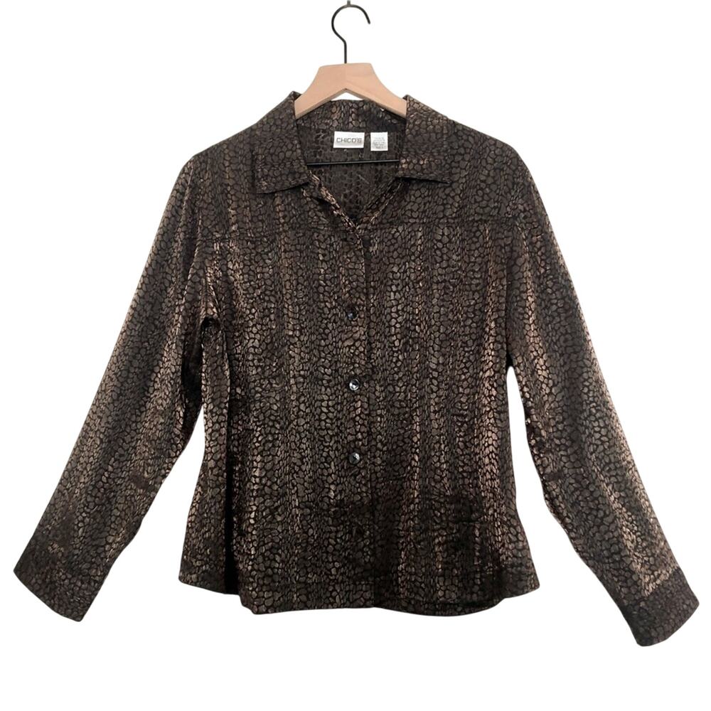 Chico's Leopard Print Metallic Black Gold Long Sleeve Button Up Shirt Top Medium